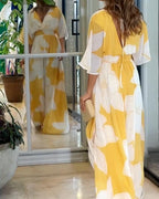 Abito Midi Floreale Giallo Da Donna Con Scollo A V E Gonna Fluida, immagine 3