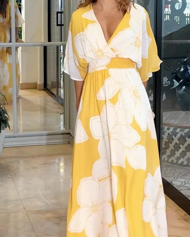 Abito Midi Floreale Giallo Da Donna Con Scollo A V E Gonna Fluida, immagine 2