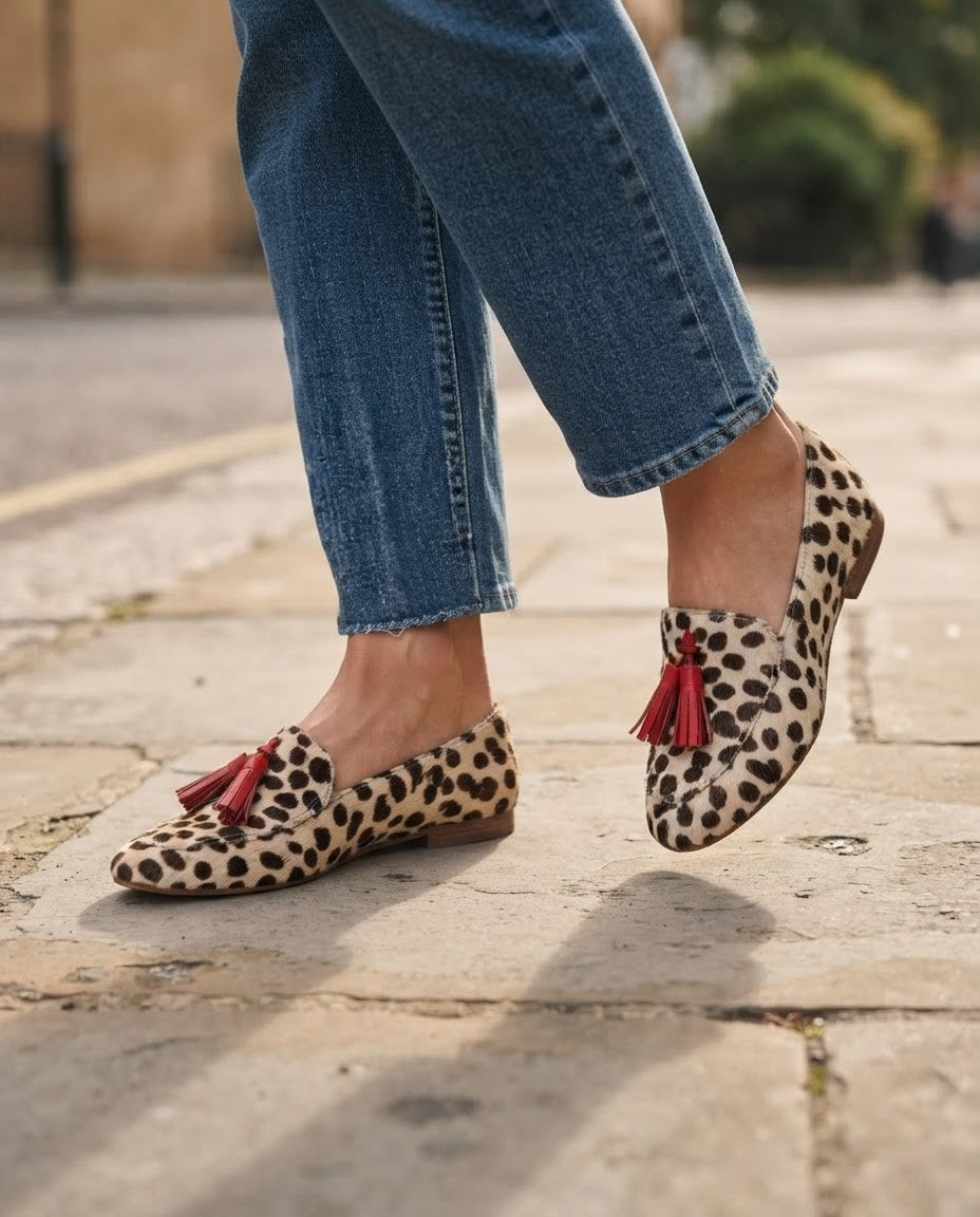 Aurora Loafer — Cream Polka Dot, Red Tassels