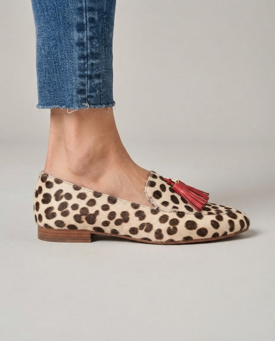 Aurora Loafer — Cream Polka Dot, Red Tassels