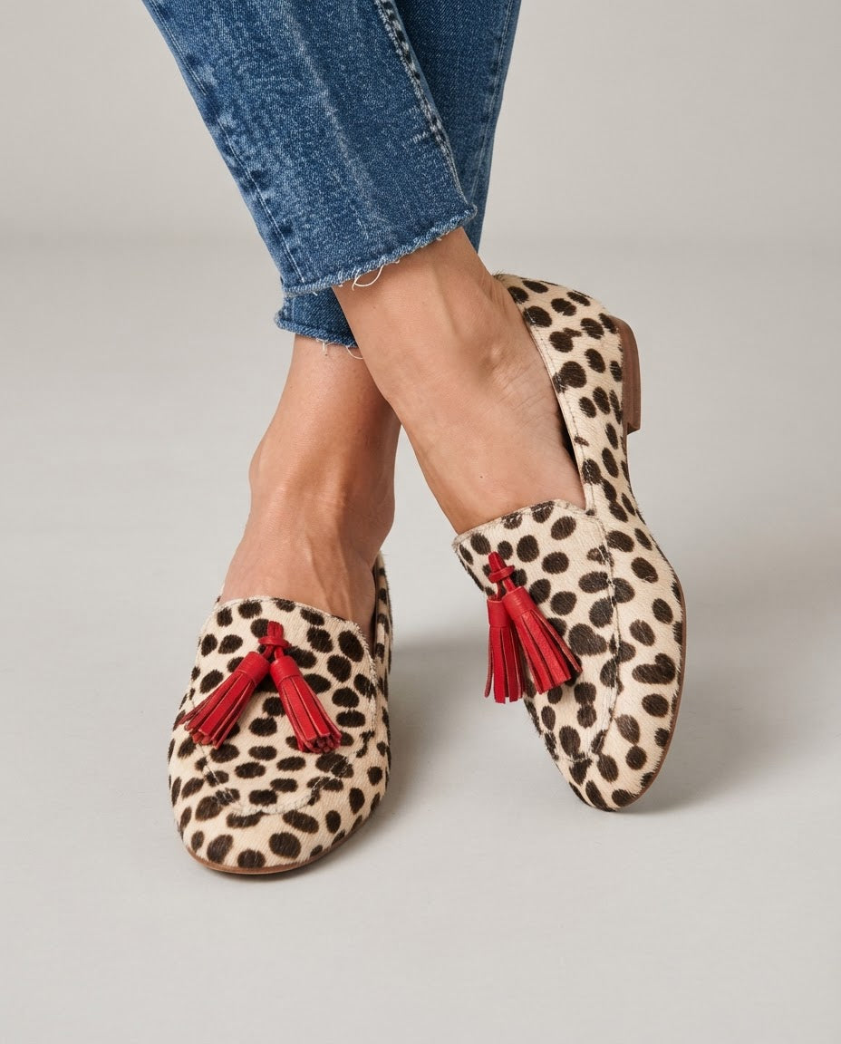 Aurora Loafer — Cream Polka Dot, Red Tassels