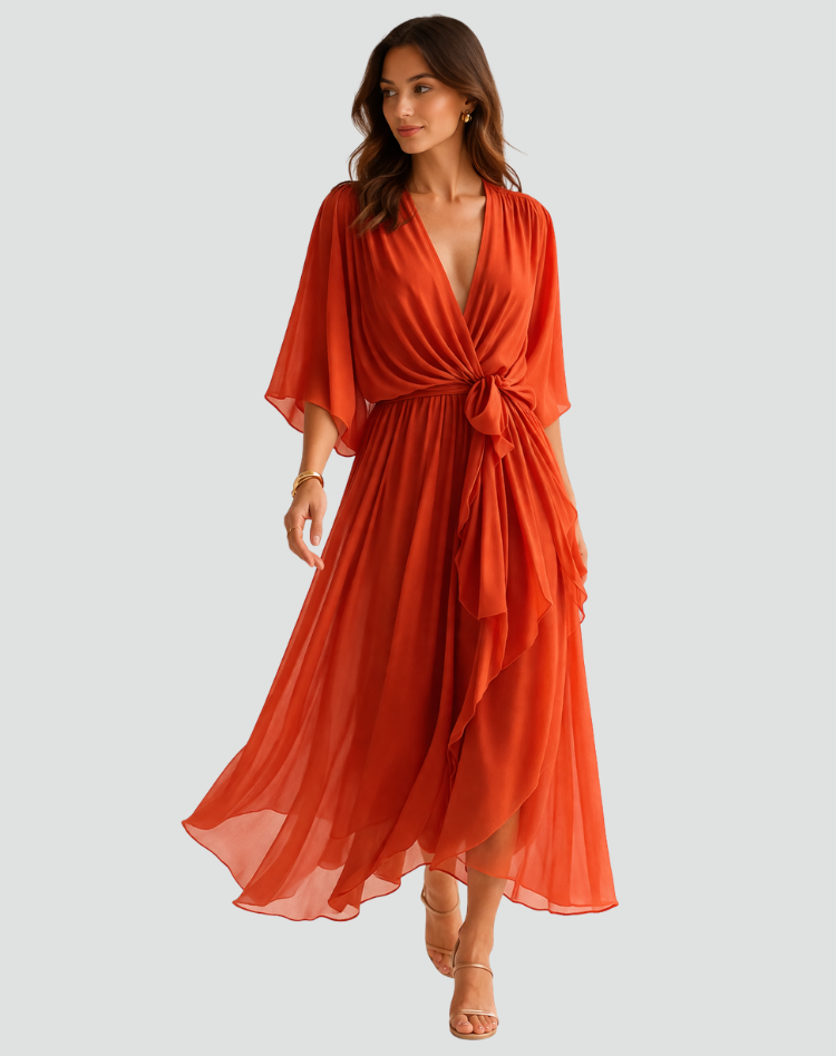 Abito Midi Elegante Da Donna Con Scollo Incrociato E Cintura, immagine 1
