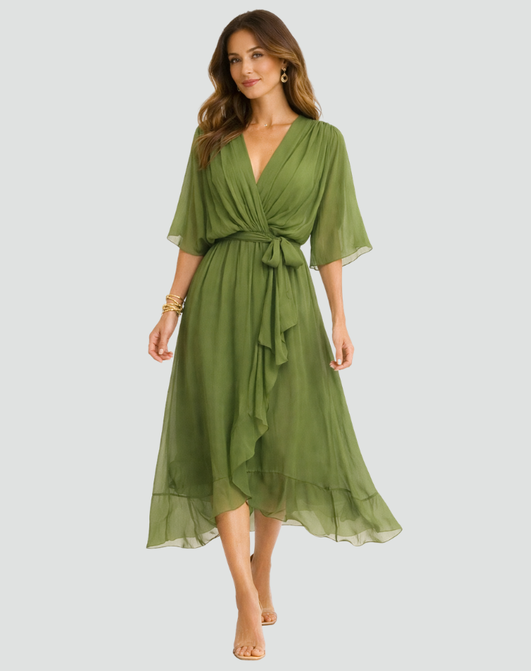 Abito Midi Elegante Da Donna Con Scollo Incrociato E Cintura, immagine 2
