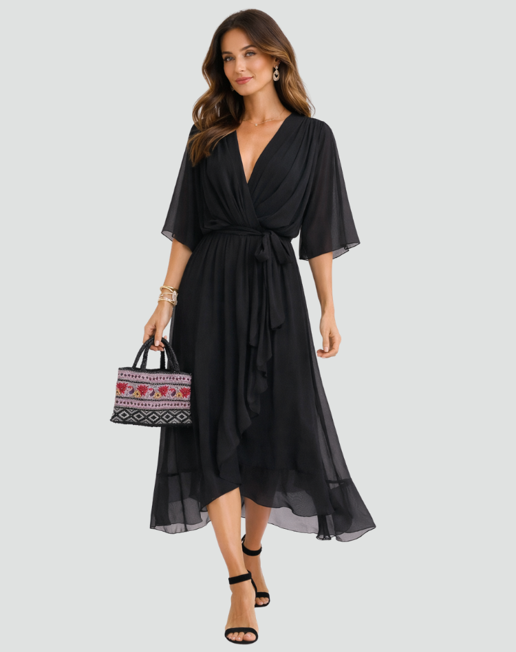 Abito Midi Elegante Da Donna Con Scollo Incrociato E Cintura, immagine 3