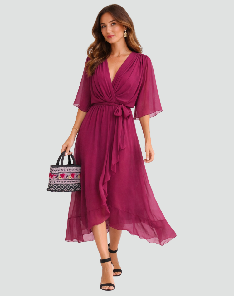 Abito Midi Elegante Da Donna Con Scollo Incrociato E Cintura, immagine 5