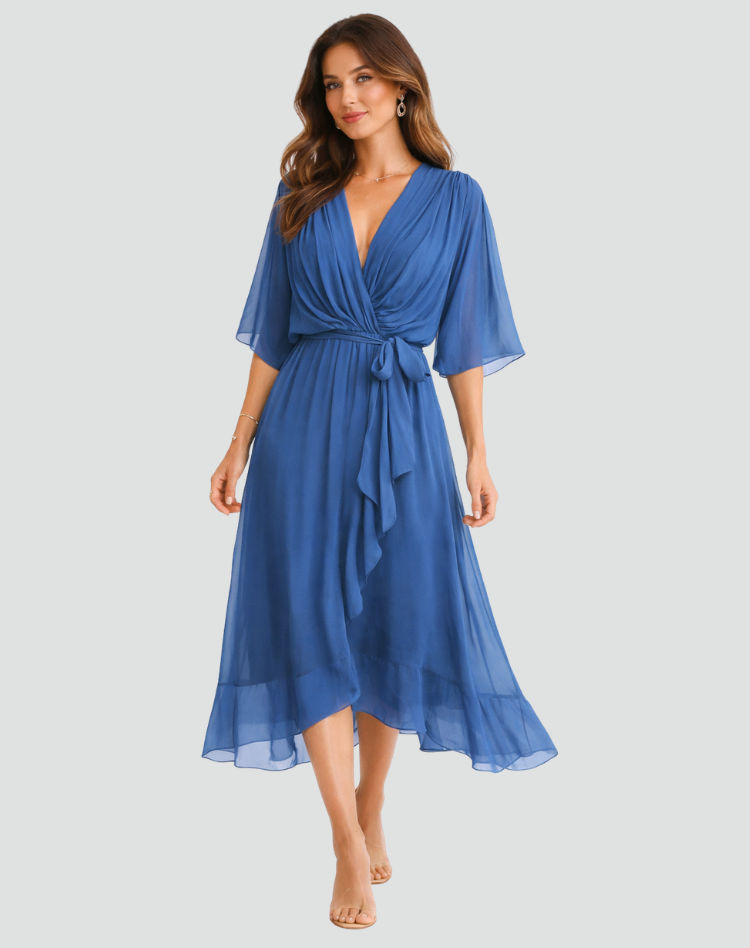 Abito Midi Elegante Da Donna Con Scollo Incrociato E Cintura, immagine 6