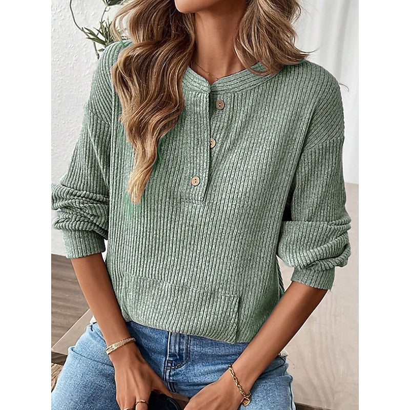 Maglia Henley A Coste Da Donna Con Collo A Bottoni E Tasche Frontali, immagine 3