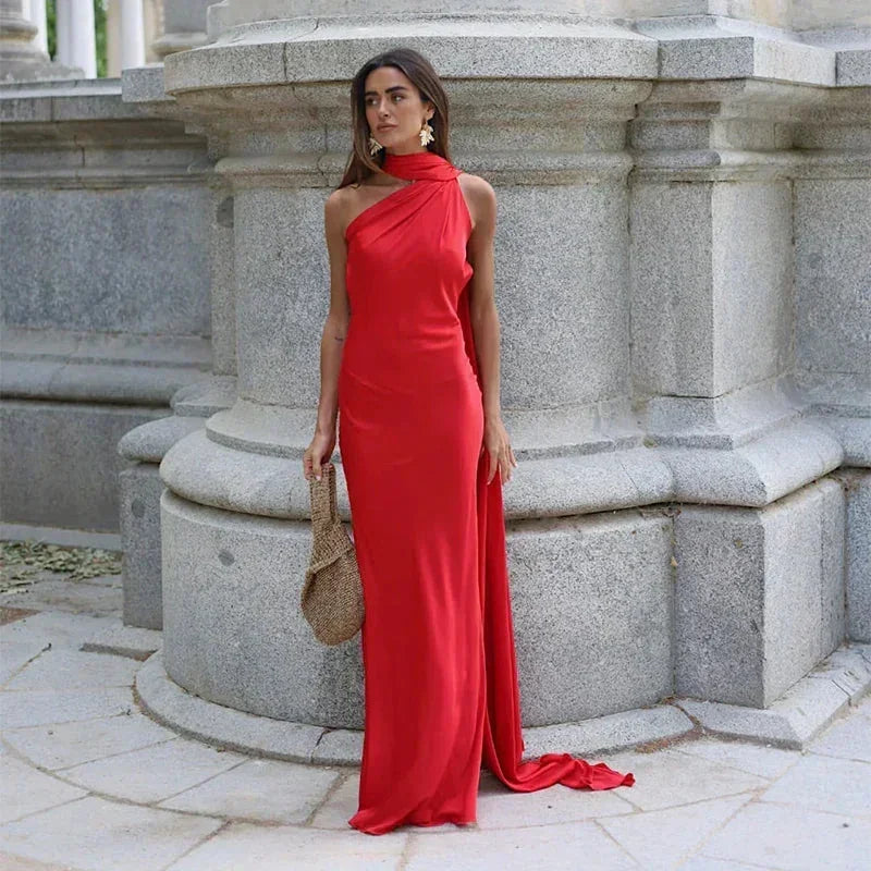 Abito Lungo Monospalla Da Donna Con Drappeggio E Spacco Laterale, immagine 13